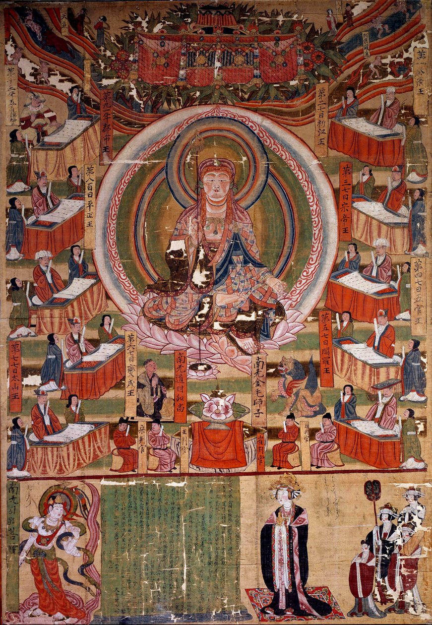 Buddhism: “” The Bodhisattva (or Bodhisatta) Ti-tsang, Master of the Six Conditions and Ten Kings of Hell (Ksitigarbha)”” Painting of 983, India. Dim. 0,22x0,4 m. Paris, Guimet Museum, National Museum of Asian Arts بواسطة المدرسة الهندية