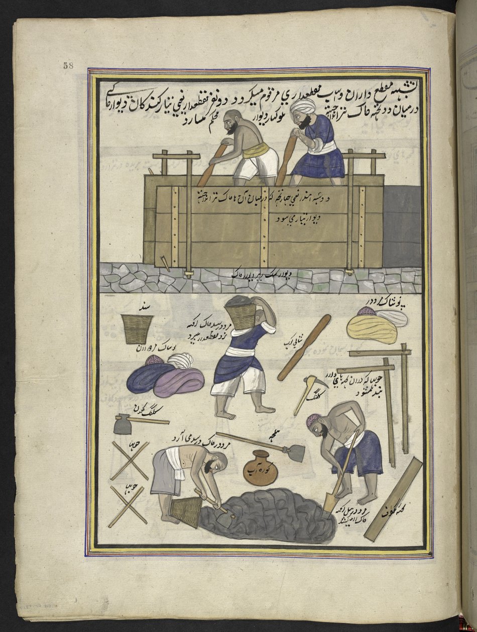 بناء جدران من الطين ، 86 رسماً مجلداً في مجلد يصور الحرف والمهن في كشمير ، يظهر الحرفيون في العمل بأدواتهم ومعداتهم ، بواسطة فنان من كشمير ، ربما في سريناغار ، حوالي 1850-60 (الغواش على الورق) بواسطة المدرسة الهندية