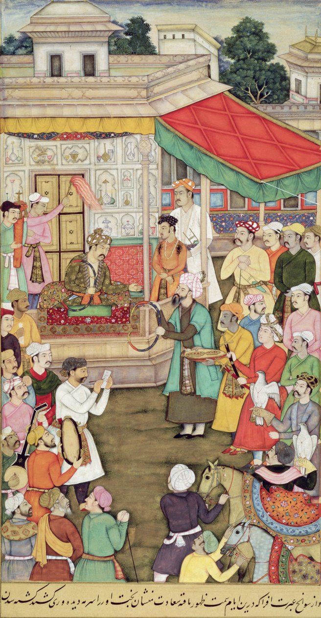 CBL In 03.54 Akbar (حكم 1556-1605) يتلقى هدايا من سفراء بدخشان ، من Akbarnama ، c.1605 بواسطة المدرسة الهندية