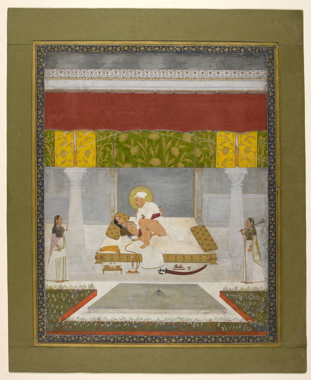 شيتارمان الثاني (كاليان داس)، محمد شاه يمارس الحب، حوالي عام 1735 (غواش على ورق) بواسطة المدرسة الهندية