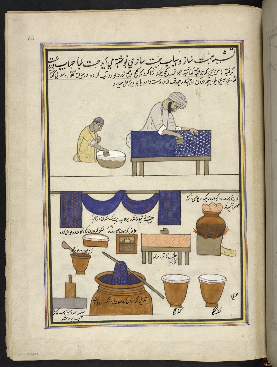 طابعة قماش مع كتلة يدوية ، وصبغ ،  86 رسمة مجمعة في مجلد تصور الحرف والمهن في كشمير ، يظهر الحرفيون في العمل بأدواتهم ومعداتهم ،  بواسطة فنان من كشمير ، ربما في سريناغار ، حوالي 1850-60 (الغواش على ورق بواسطة المدرسة الهندية