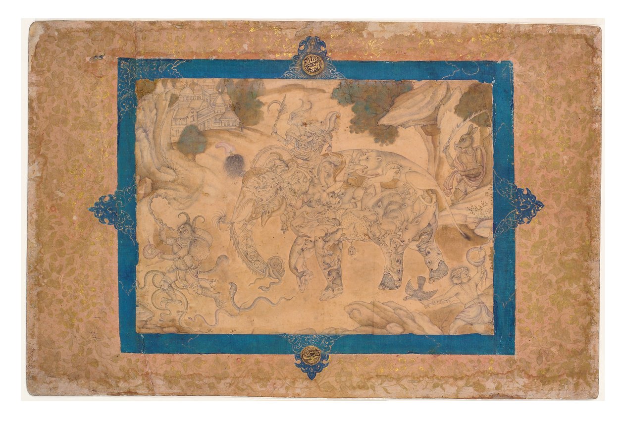 الفيل المركب والمخلوقات الأخرى ، c.1600 (مرحاض غير شفاف وذهب على ورق) بواسطة المدرسة الهندية