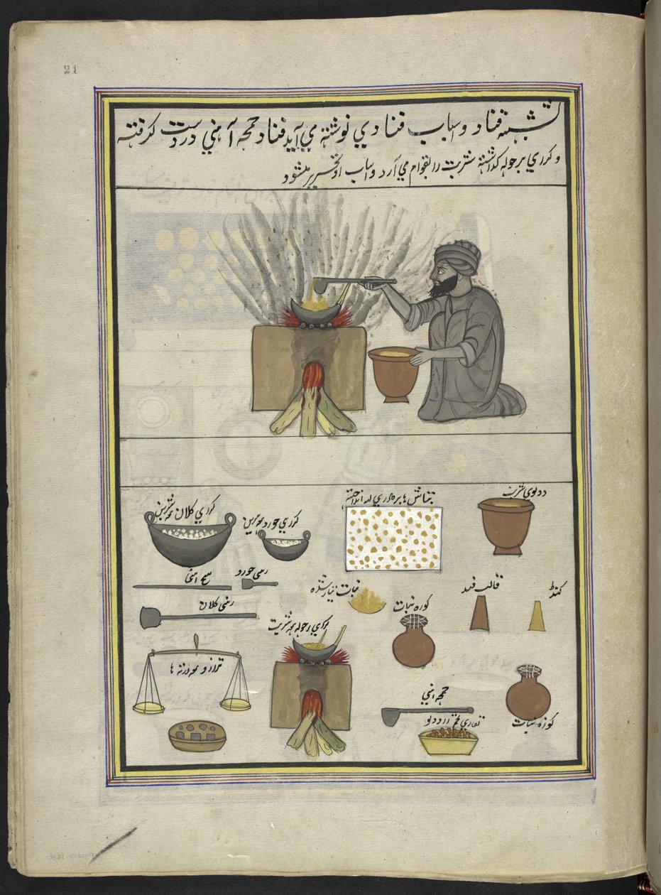 صنع الحلويات السكر الحلوى ،  86 رسماً مجلداً في مجلد يصور الحرف والمهن في كشمير ، يظهر الحرفيون في العمل بأدواتهم ومعداتهم ،  بواسطة فنان من كشمير ، ربما في سريناغار ، حوالي 1850-60 (غواش على ورق) بواسطة المدرسة الهندية