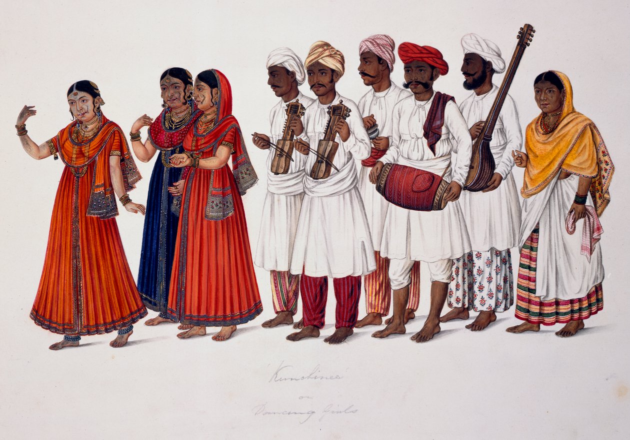 رقص الفتيات والموسيقيين ، 1828 (لون ليثو) بواسطة المدرسة الهندية