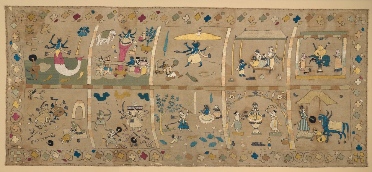 Das Avatars (Ten Avatars of Vishnu) (خيوط حرير ومعدنية مطرزة على الشاش القطني) بواسطة المدرسة الهندية