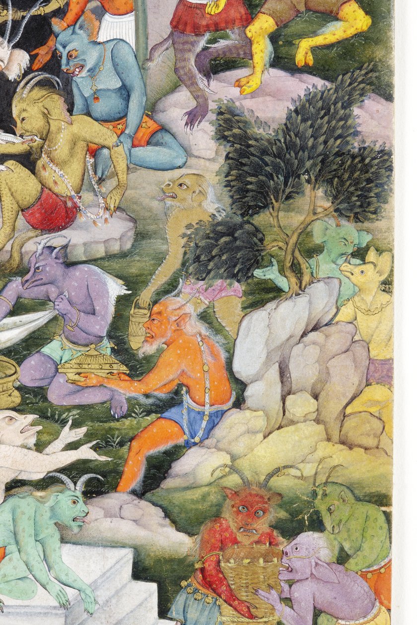 تفاصيل من الشياطين في المناظر الطبيعية البرية ، c.1600 (مرحاض غير شفاف وذهب على ورق) بواسطة المدرسة الهندية