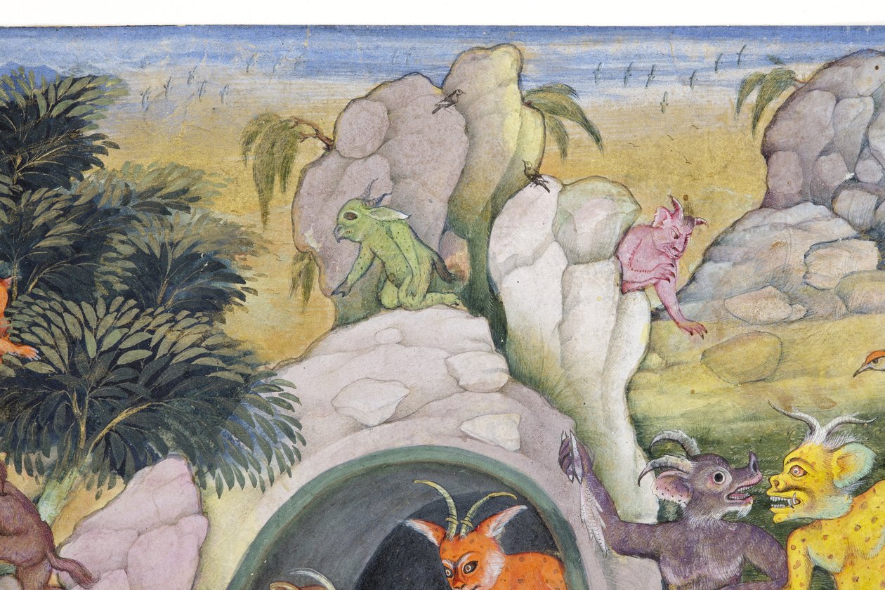 تفاصيل من الشياطين في المناظر الطبيعية البرية ، c.1600 (مرحاض غير شفاف وذهب على ورق) بواسطة المدرسة الهندية