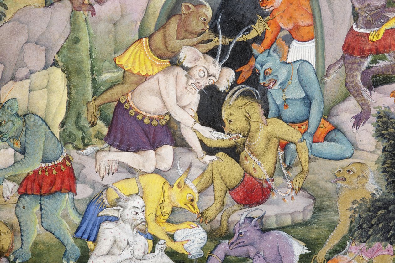 تفاصيل من الشياطين في المناظر الطبيعية البرية ، c.1600 (مرحاض غير شفاف وذهب على ورق) بواسطة المدرسة الهندية