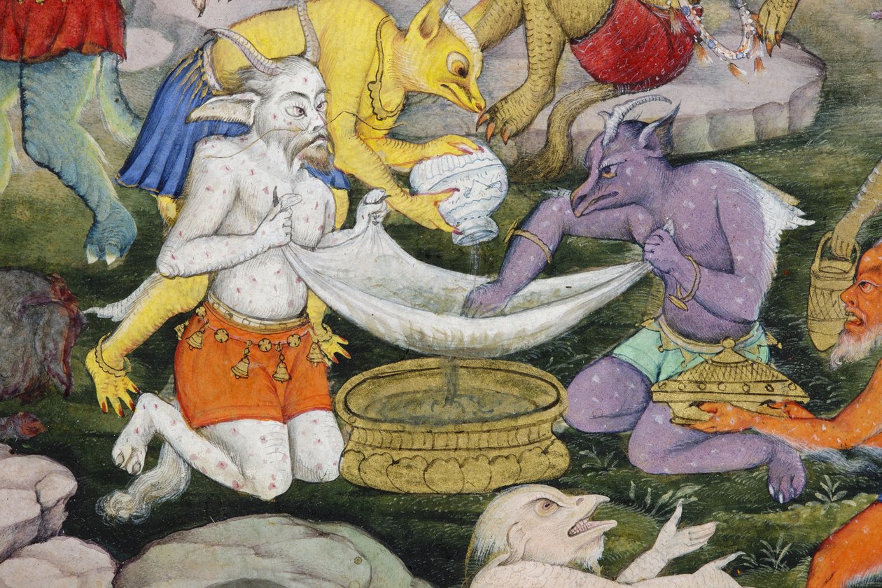 تفاصيل من الشياطين في المناظر الطبيعية البرية ، c.1600 (مرحاض غير شفاف وذهب على ورق) بواسطة المدرسة الهندية
