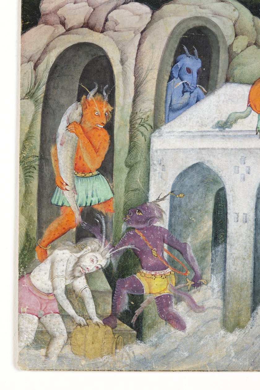 تفاصيل من الشياطين في المناظر الطبيعية البرية ، c.1600 (مرحاض غير شفاف وذهب على ورق) بواسطة المدرسة الهندية