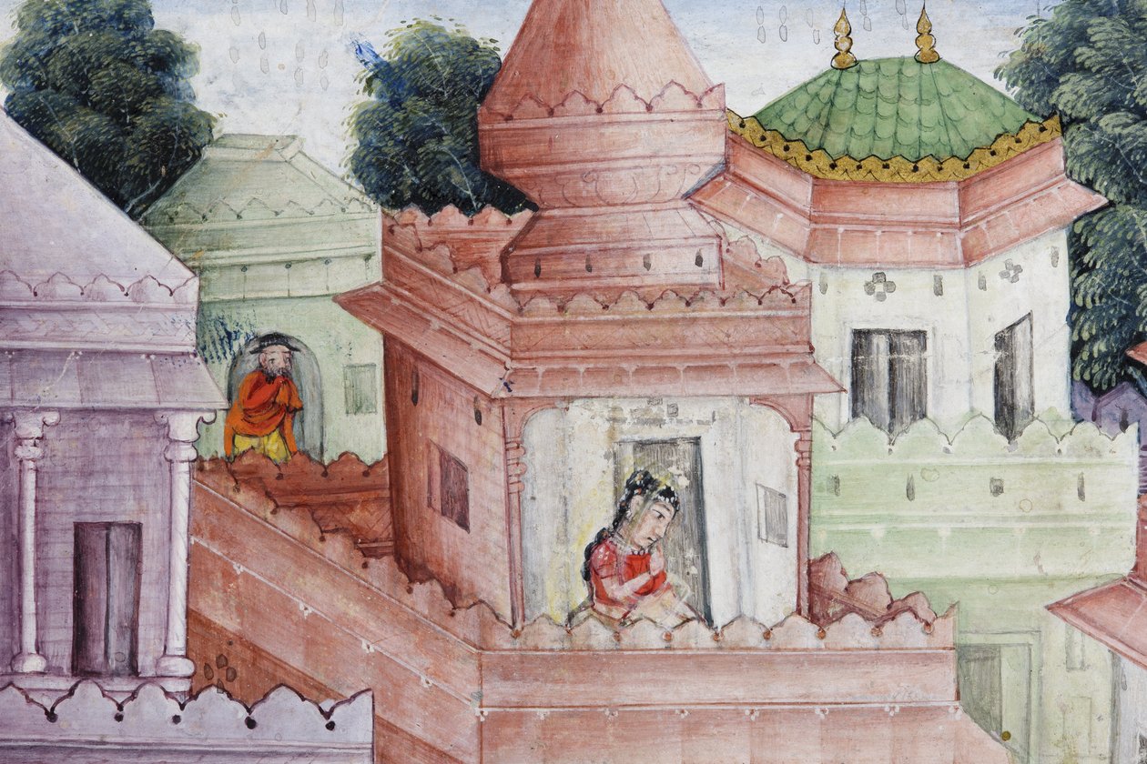التفاصيل من Krishna Cleaves the Demon Narakasura مع قرصه ، c.1585-90 (مرحاض غير شفاف وذهب على ورق) بواسطة المدرسة الهندية