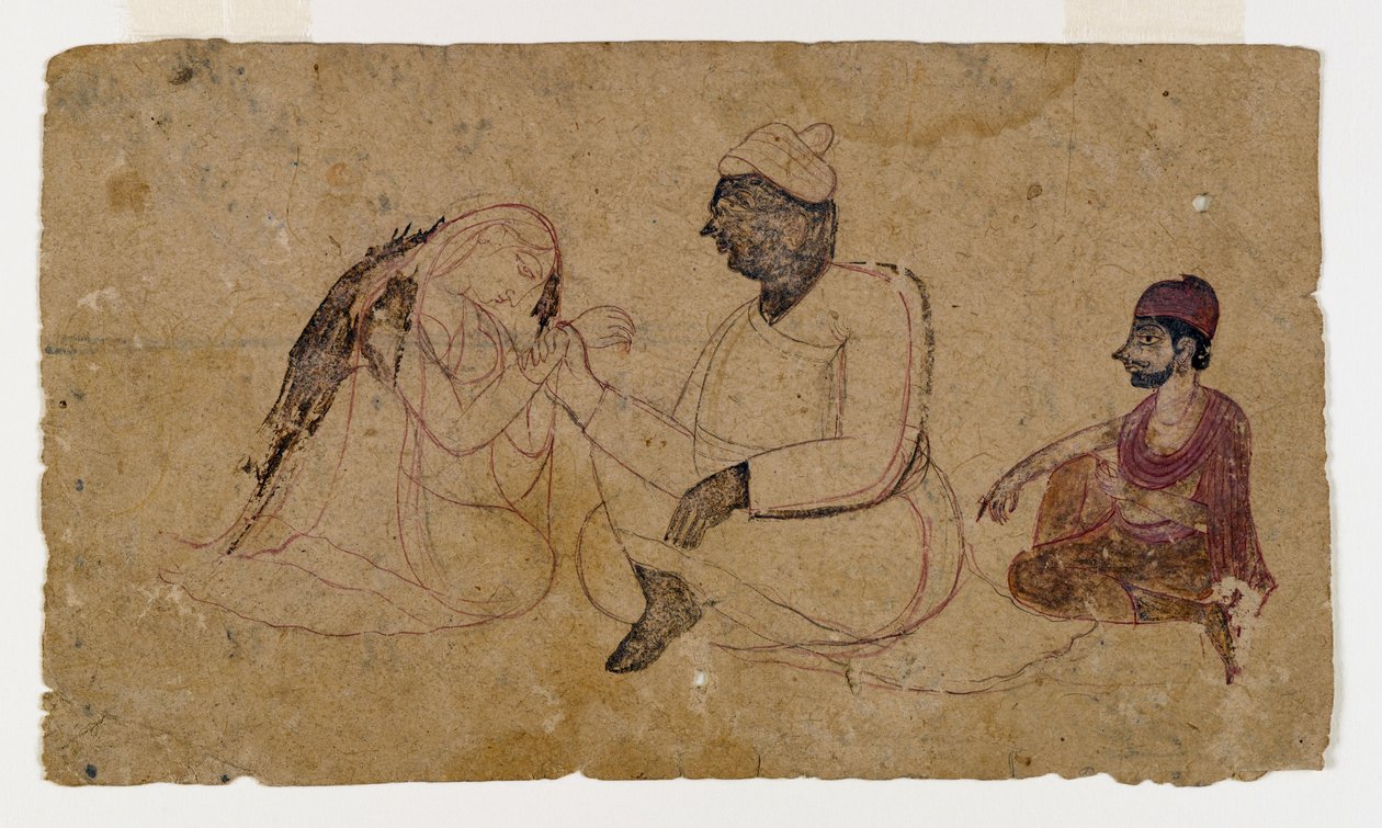 رسم لثلاث شخصيات جالسة ، c.1750 (حبر ولون على ورق) بواسطة المدرسة الهندية