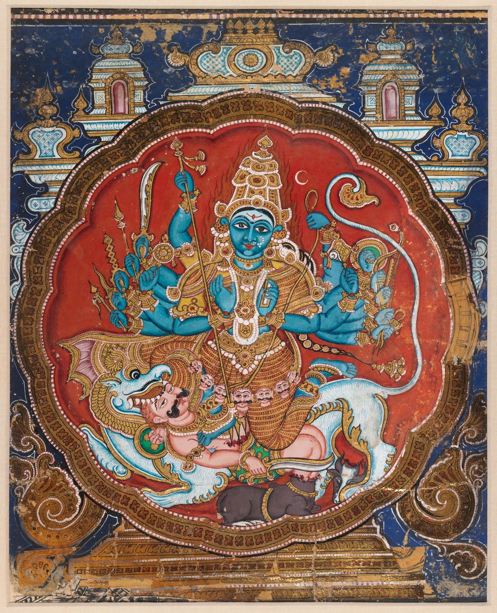 Durga Killing the Buffalo Demon (ألوان مائية غير شفافة مزينة بشرائط مطلية بالذهب والورنيش) بواسطة المدرسة الهندية