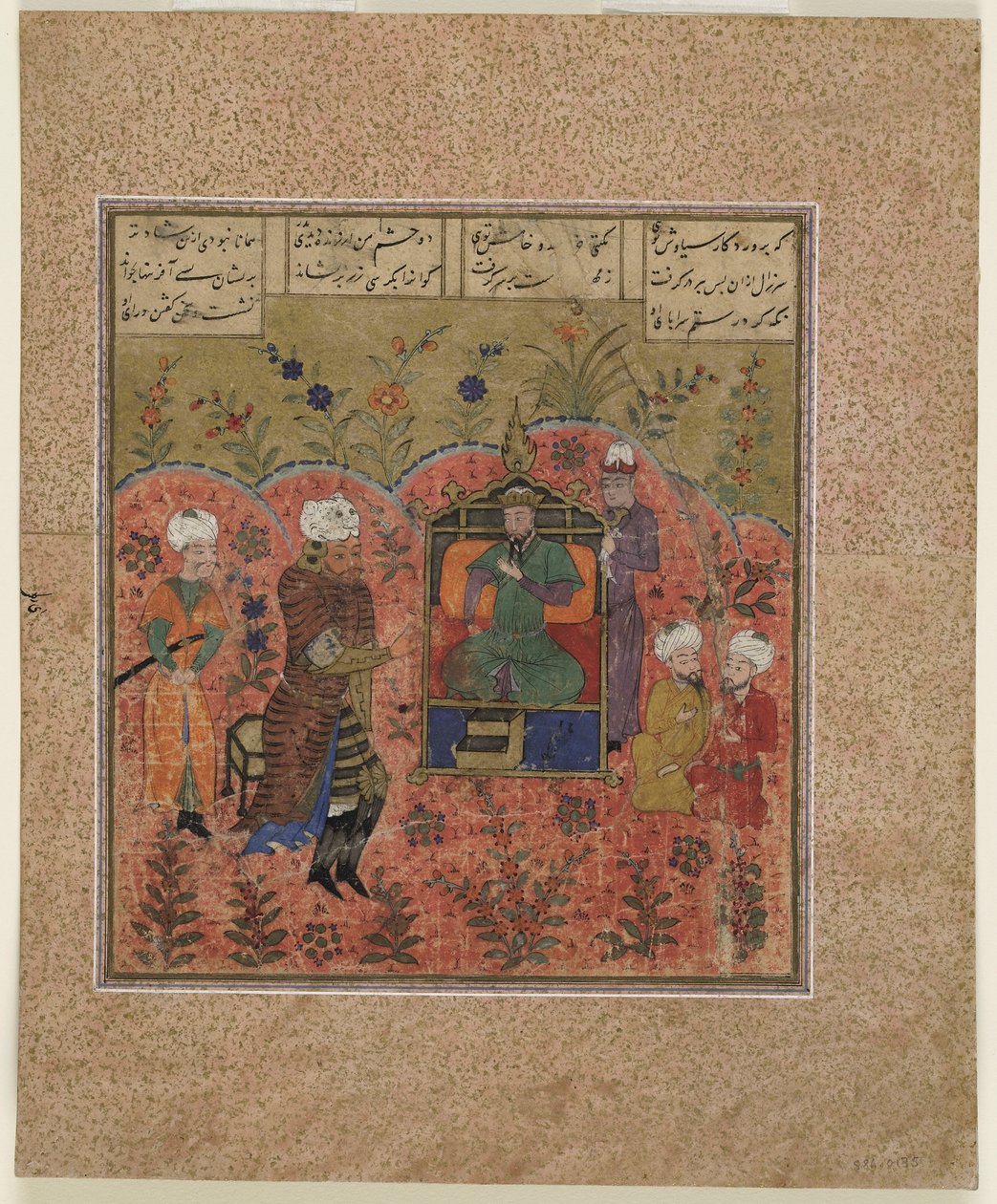 فوليو من شاهناما (كتاب الملوك) للفردوسي (ت ١٠٢٠) ؛ رستم قبل كاي كوس (ألوان مائية مبهمة وحبر وذهب على ورق) بواسطة المدرسة الهندية