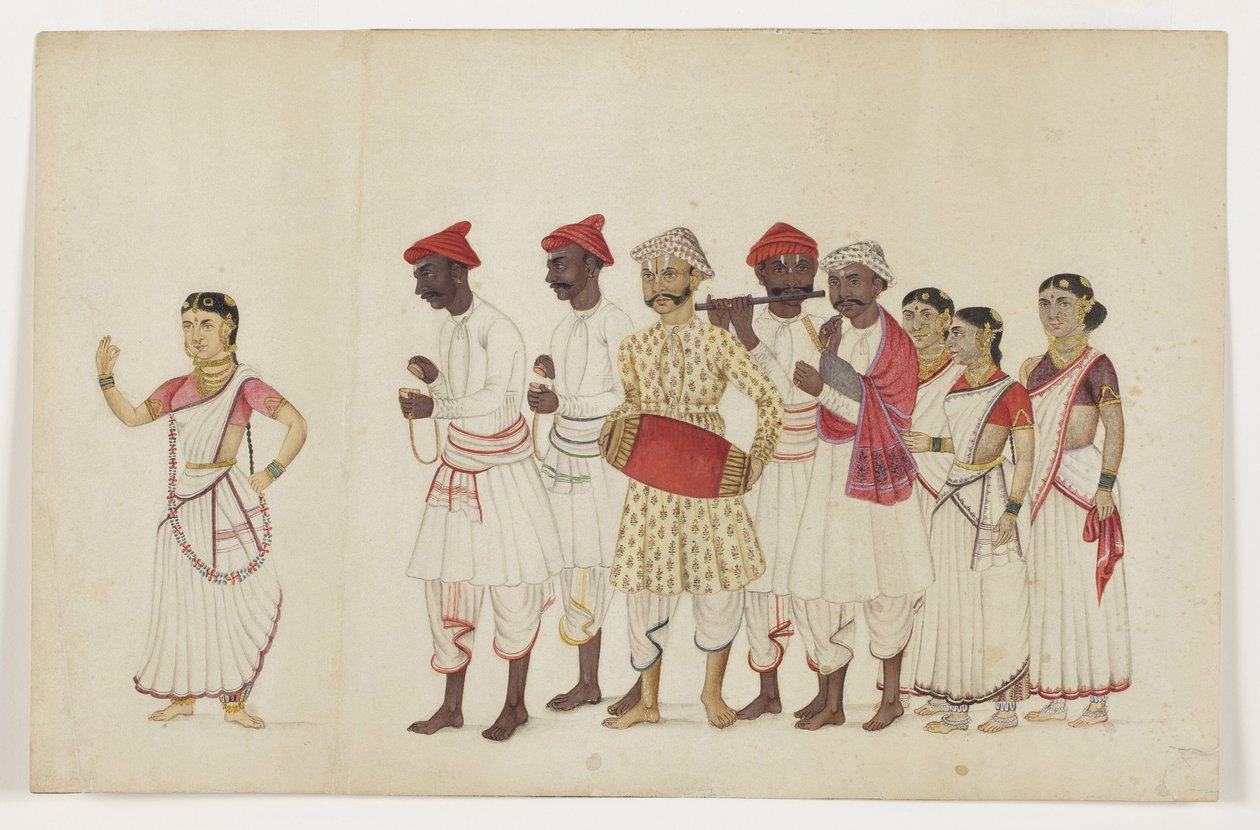 أربع راقصات في موكب مع موسيقيين ، c.1830 (مرحاض غير شفاف وذهب على ورق) بواسطة المدرسة الهندية