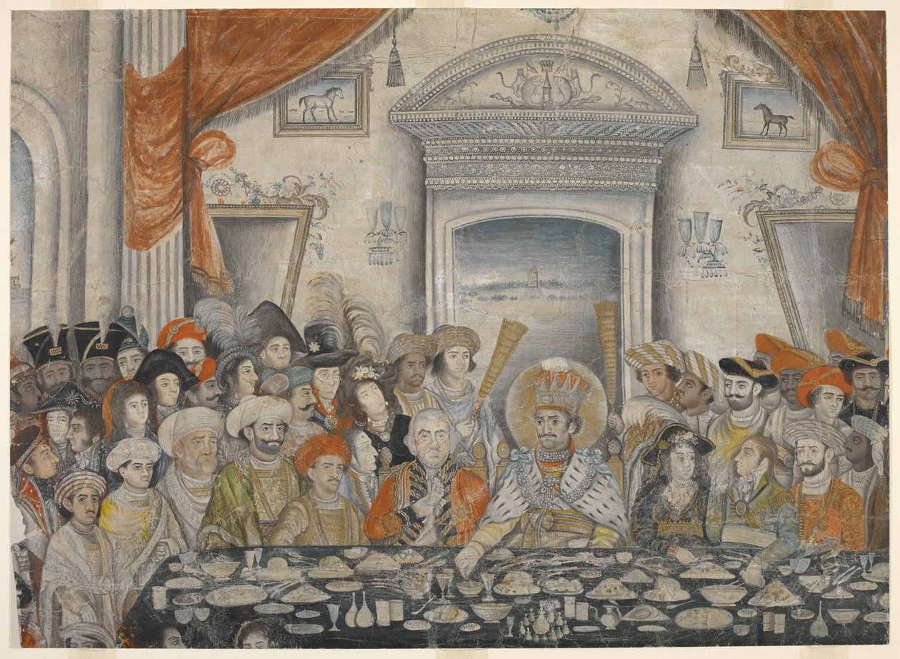غازي الدين حيدر (نواب، وبعد عام 1819، ملك العود 1814-1827) يستضيف اللورد والسيدة مويرا على مأدبة في قصره، حوالي 1820-1822 (مخطوطة) بواسطة المدرسة الهندية