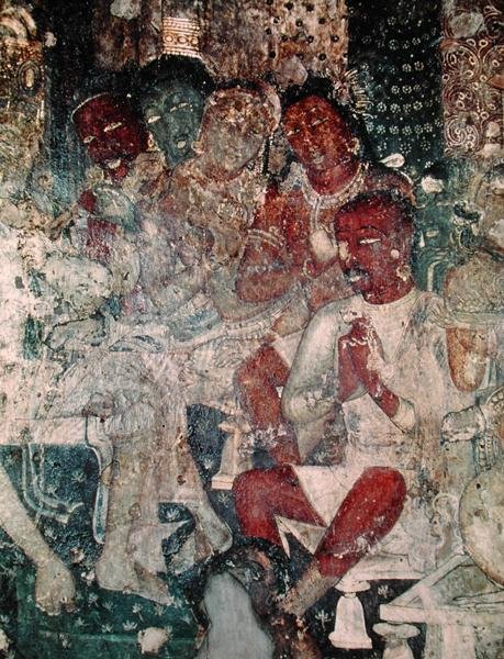 مجموعة من الشخصيات من داخل الكهف 16 (فريسكو) بواسطة المدرسة الهندية