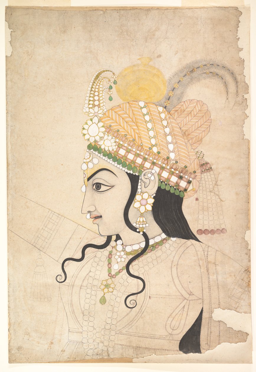 رأس كريشنا: رسم كاريكاتوري لجدارية رسليلة ، c.1800 (حبر وألوان مائية على ورق) بواسطة المدرسة الهندية