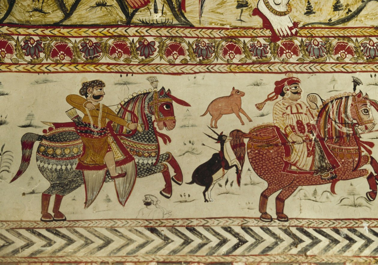 مشهد الصيد ، معبد Laxminarayan ، Orchha ، Madhya Pradesh ، الهند (في الهواء الطلق) بواسطة المدرسة الهندية