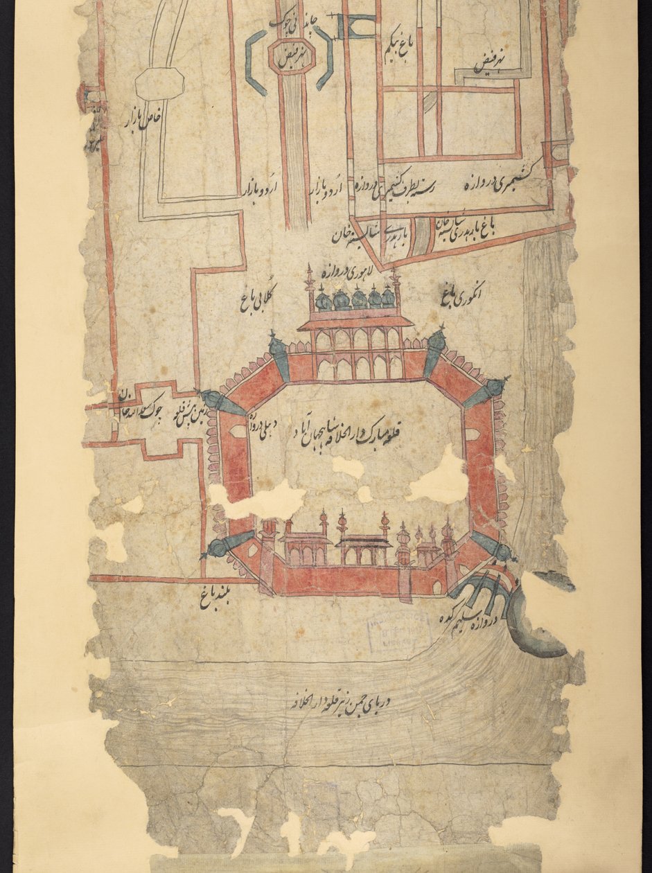 IO Islamic 4725 Fort of Delhi والمنطقة إلى الشمال ، قسم من مخطوطة تصور "الطريق من دلهي إلى قندهار" (حبر ولون على ورق) بواسطة المدرسة الهندية
