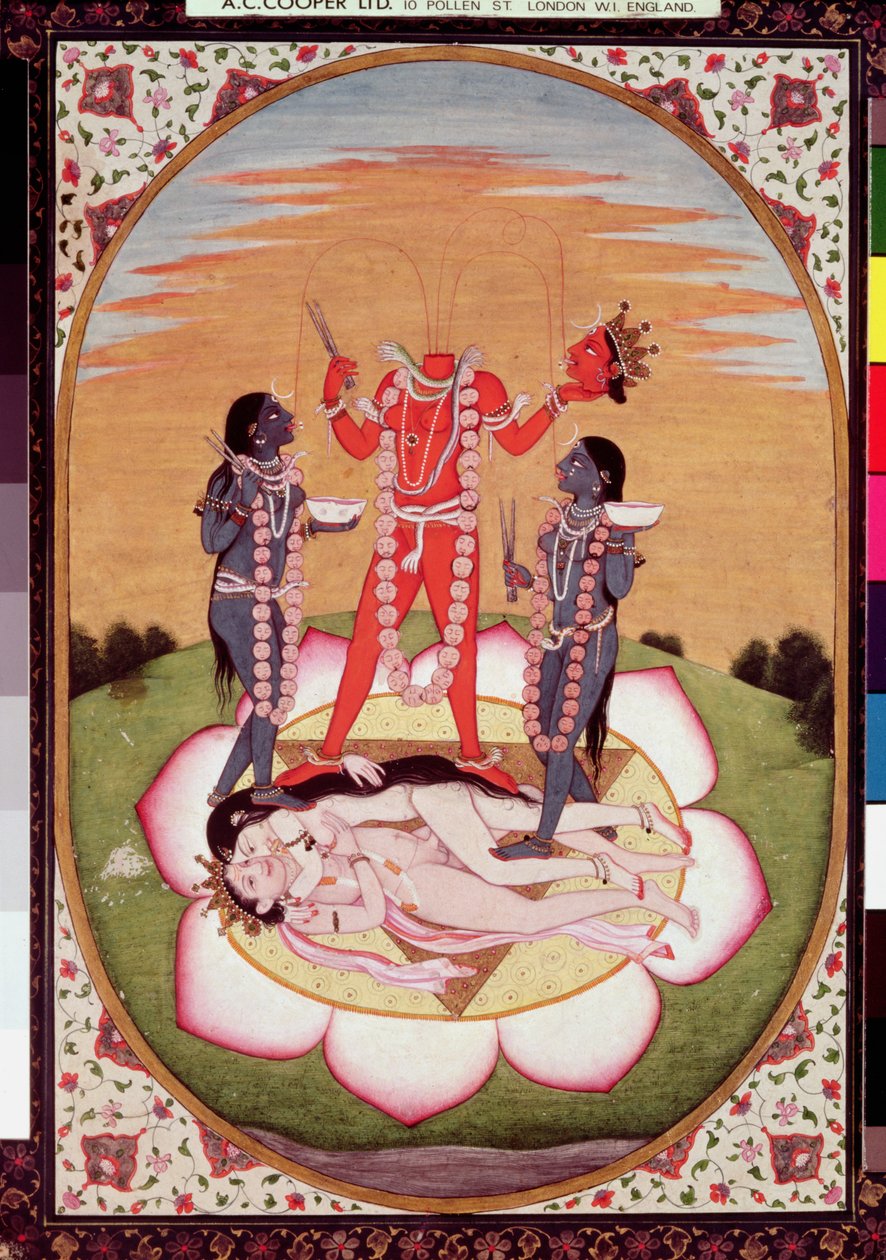 أيقونة Chinnamasta ، Mahavidya الناشئة عن الأجساد المنضمة للزوجين المنشأ ، كانجرا ، حوالي 1800 (جواش على الورق) بواسطة المدرسة الهندية