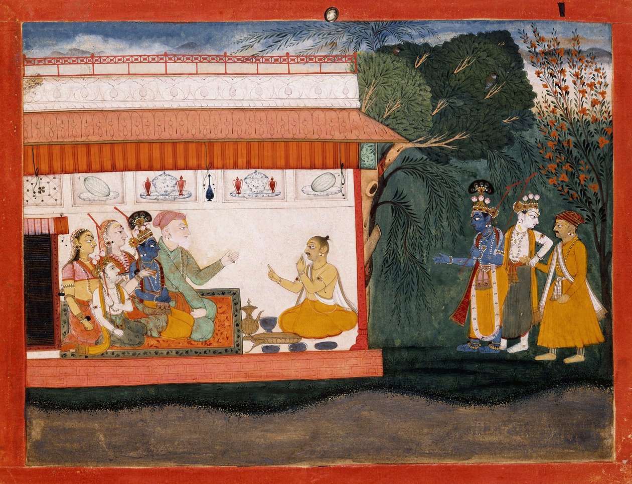 رسم توضيحي لـ Bhagvata Purana يصور Balarama أخذ Akrura باليد مع أخيه الأصغر كريشنا ، c.1700 بواسطة المدرسة الهندية