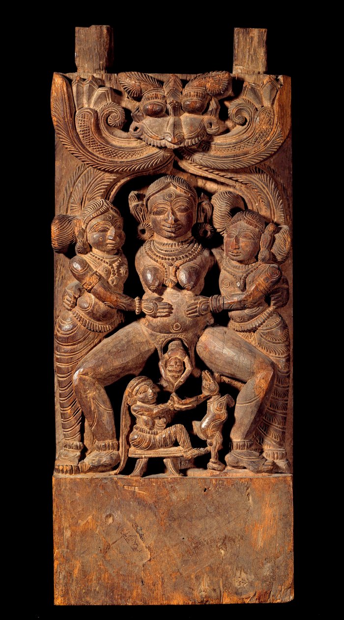 Indian art: representation of Mahamai, mother goddess, giving birth. Wooden relief of the 18th century Private collection بواسطة المدرسة الهندية