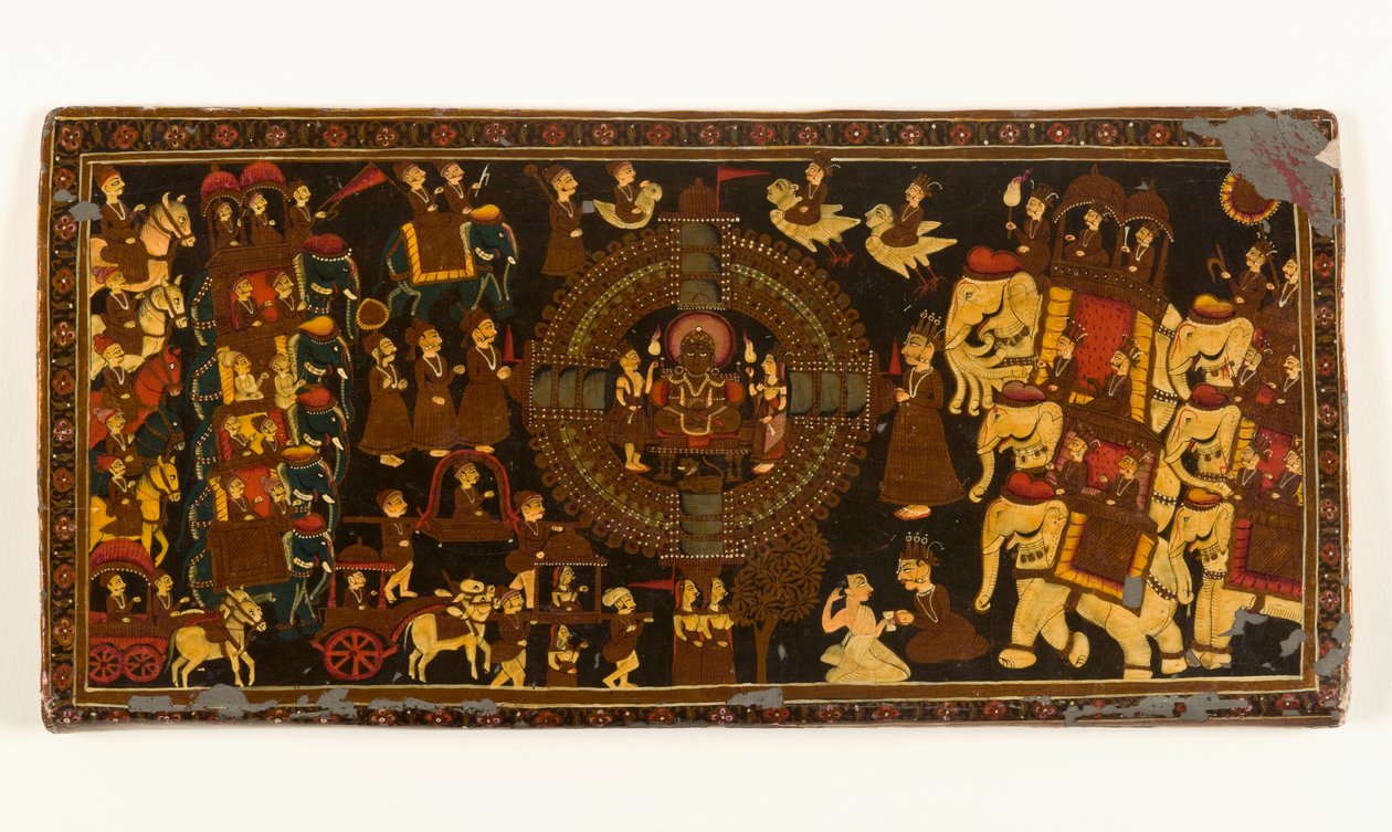 Jain Book Cover (opaque watercolor & metallic pigment on paper with lacquer overlay) (see 423291 for verso) بواسطة المدرسة الهندية