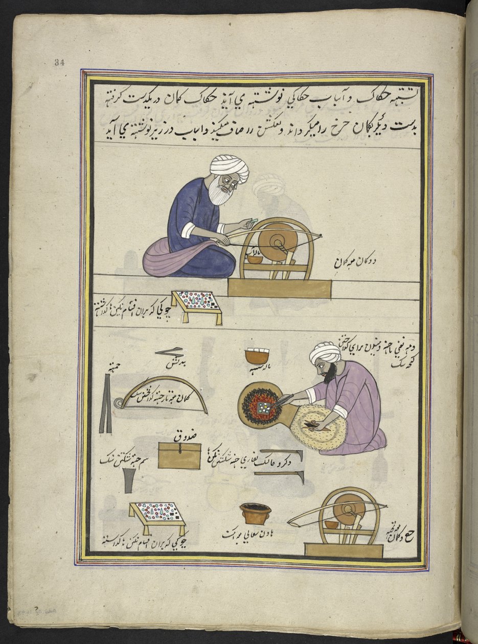 الجواهريون لتلميع الأحجار الكريمة ،  86 رسمة مجمعة في مجلد تصور الحرف والمهن في كشمير ، يظهر الحرفيون في العمل بأدواتهم ومعداتهم ،  بواسطة فنان من كشمير ، ربما في سريناغار ، حوالي 1850-60 (غواش على ورق) بواسطة المدرسة الهندية