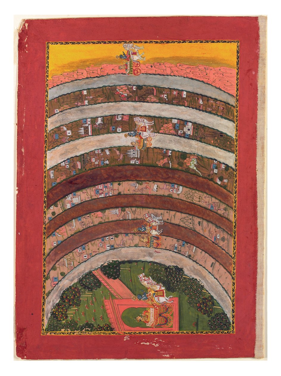 رحلة عبر أراضي مجهولة ، من رحلات كريشنا في عربته ، c.1750 (مرحاض غير شفاف ، ذهب وفضة على ورق) بواسطة المدرسة الهندية