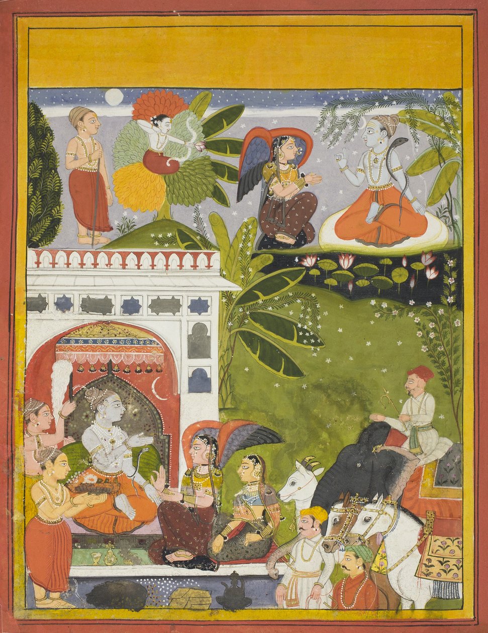 كاما يطلق النار على سهم حب في شيفا ، صفحة من نسخة من Gita-Gauri ، Song of Gauri ، c.1675-80 بواسطة المدرسة الهندية