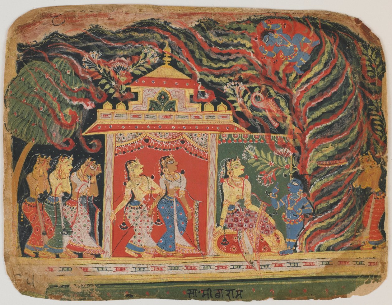 حمل كريشنا بواسطة Whirlwind Demon ، من Bhagavata Purana. c.1520-30 (مرحاض غير شفاف على الورق) بواسطة المدرسة الهندية