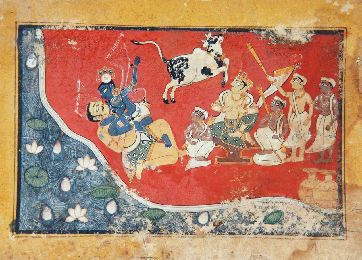 كريشنا يهزم شيطان بجانب النهر ، c.1560 (مرحاض غير شفاف على الورق) بواسطة المدرسة الهندية