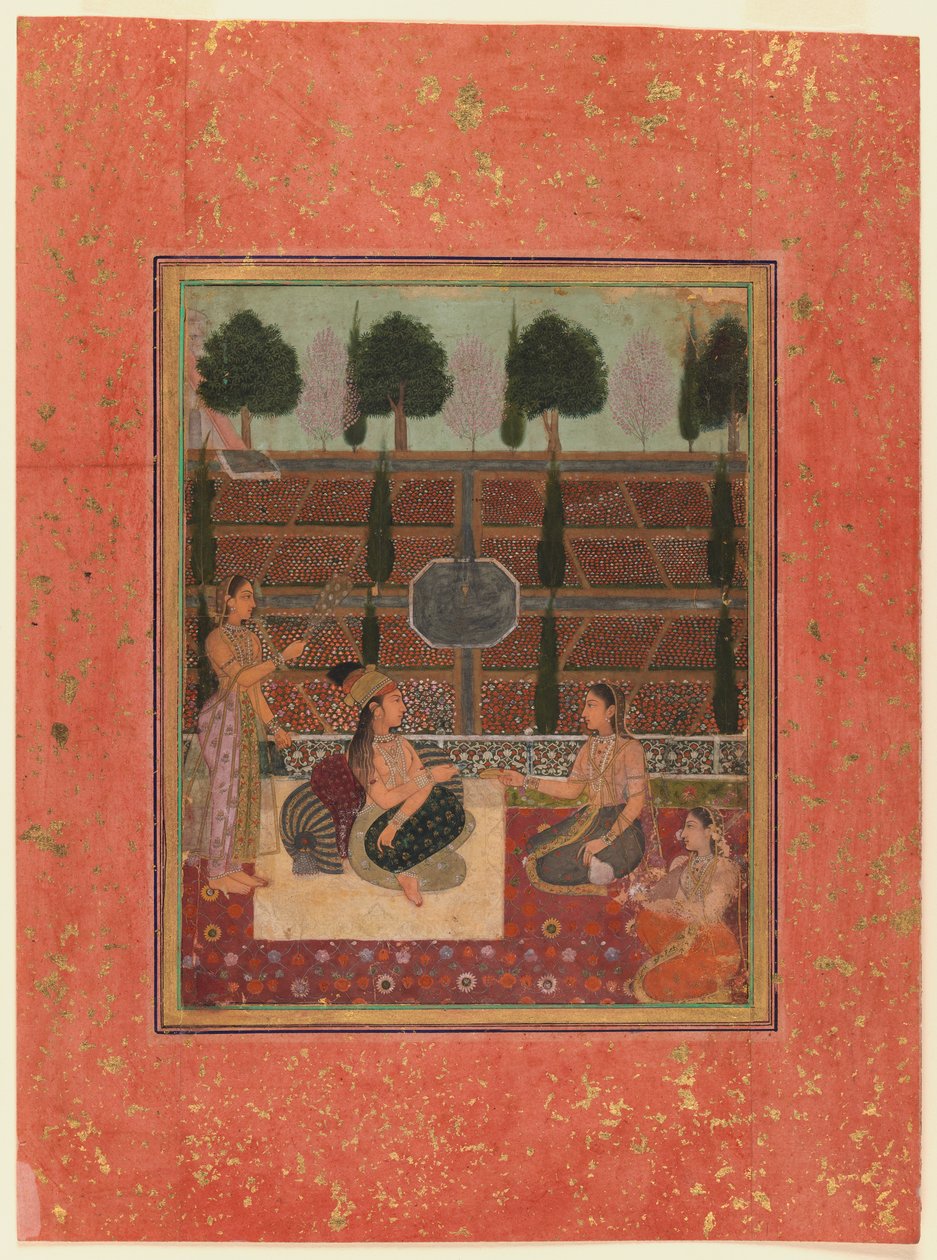 سيدات على الشرفة ، نمط المغول ، c.1700-10 (مرحاض على ورق منقط) بواسطة المدرسة الهندية