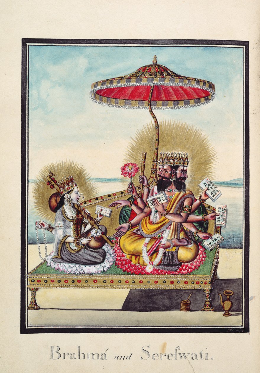 MSS EUR C 116/1 f.24v Brahma and Saraswati ، من الملحمة الهندوسية "Adhyatma Ramayana" لفنان تشابرا ، تحمل علامة مائية 1802 (ألوان مائية) بواسطة المدرسة الهندية