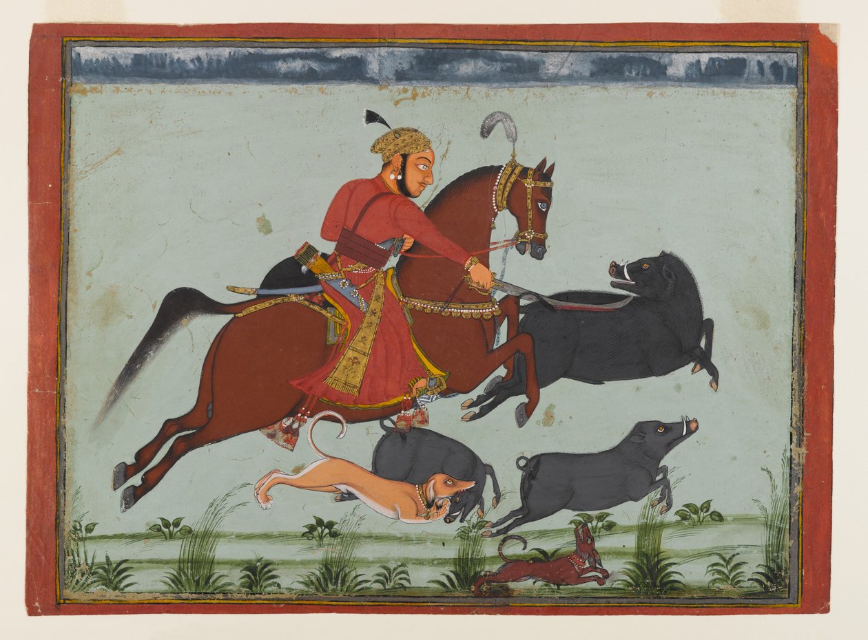 مهراجا براتاب سينغ الثاني من Mewar Hunting Boar ، حوالي 1750-75 (ألوان مائية وذهبية وفضية على ورق) بواسطة المدرسة الهندية