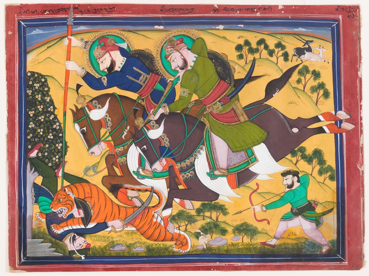 مهراجا رام سينغ يصطاد نمرًا ، الربع الثاني من القرن التاسع عشر (ألوان مائية على ورق) بواسطة المدرسة الهندية