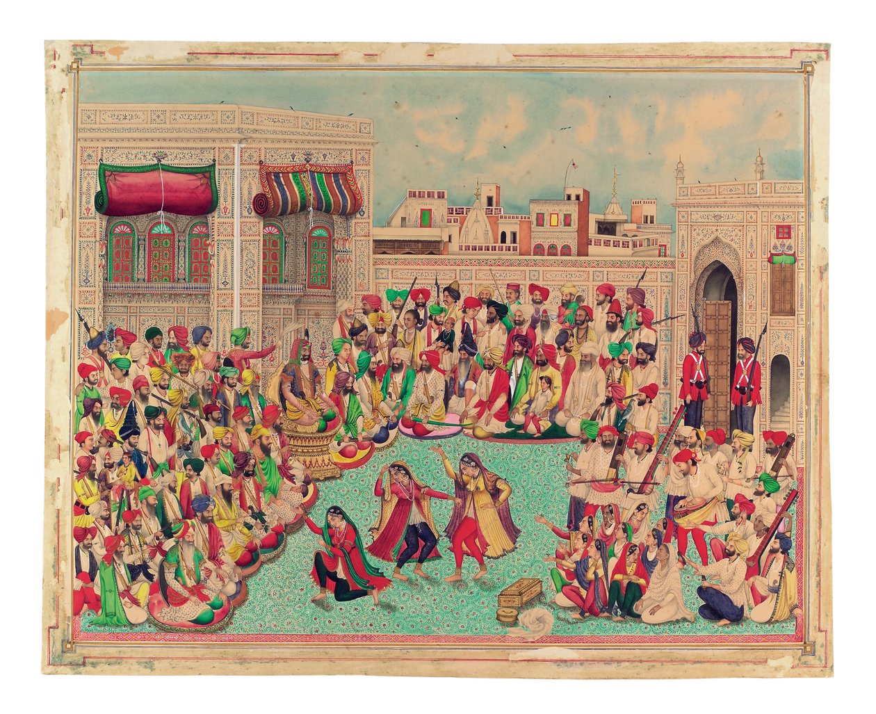 مهراجا شير سينغ ورفاقه يشاهدون عرضًا راقصًا ، حوالي عام 1850 (ألوان مائية غير شفافة وذهبية على ورق) بواسطة المدرسة الهندية