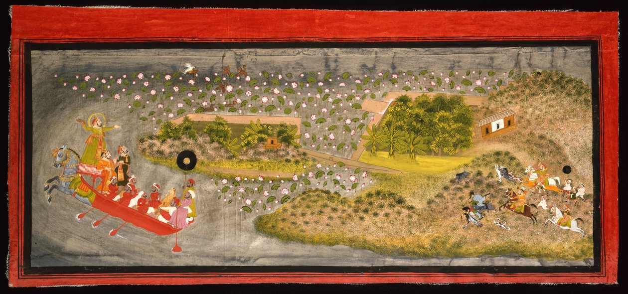 ماهارانا جاغات سينغ الثاني للصقور وصيد الخنازير ، حوالي عام 1740 (معتم w - c ، فضي وذهبي على الورق ، مثبت على صفحة ألبوم) بواسطة المدرسة الهندية