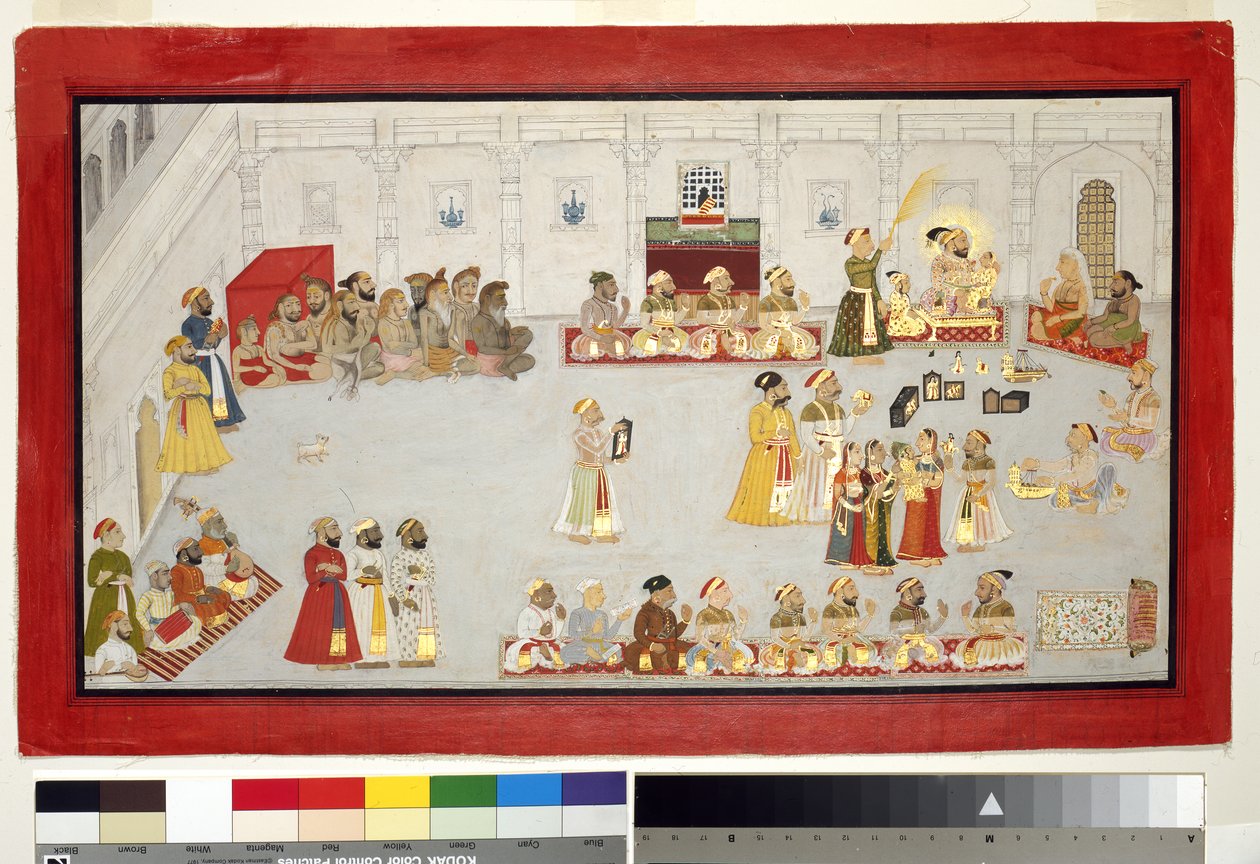 ماهارانا سانجرام سينغ مع أبنائه وكفاءاته ، c.1715 (مرحاض غير شفاف وذهب على ورق ، مثبت على صفحة ألبوم) بواسطة المدرسة الهندية