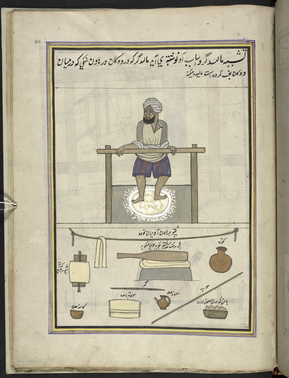 رجل يصنع قماشًا صوفيًا ناعمًا "(ماليدا)"  86 رسمة مجمعة في مجلد تصور الحرف والمهن في كشمير ، يظهر الحرفيون في العمل بأدواتهم ومعداتهم ،  بواسطة فنان من كشمير ، ربما في سريناغار ، حوالي 1850-60 (الغواش على pap بواسطة المدرسة الهندية