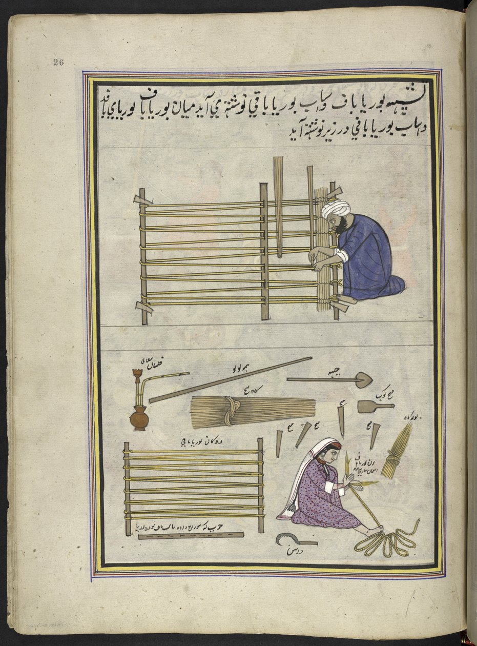 صانع الحصير وزوجته يصنعان حصائر من القصب المقسم ،  86 رسمة مجمعة في مجلد تصور الحرف والمهن في كشمير ، يظهر الحرفيون في العمل بأدواتهم ومعداتهم ،  بواسطة فنان من كشمير ، ربما في سريناغار ، حوالي 1850-60 (gouac بواسطة المدرسة الهندية