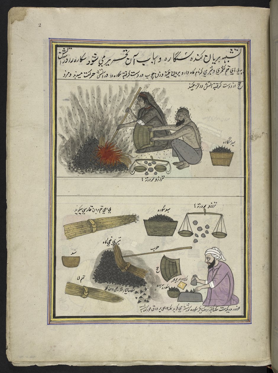 رجال ونساء يشوي ماء كستناء ،  86 رسمة مجمعة في مجلد تصور الحرف والمهن في كشمير ، يظهر الحرفيون في العمل بأدواتهم ومعداتهم ،  بقلم فنان من كشمير ، ربما في سريناغار ، حوالي 1850-60 (غواش على ورق بواسطة المدرسة الهندية