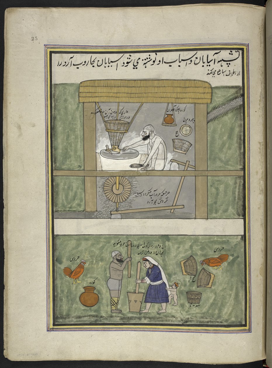 المطاحن ،  86 رسمة مجمعة في مجلد تصور الحرف والمهن في كشمير ، يظهر الحرفيون في العمل بأدواتهم ومعداتهم ،  بواسطة فنان من كشمير ، ربما في سريناغار ، حوالي 1850-60 (غواش على ورق) بواسطة المدرسة الهندية