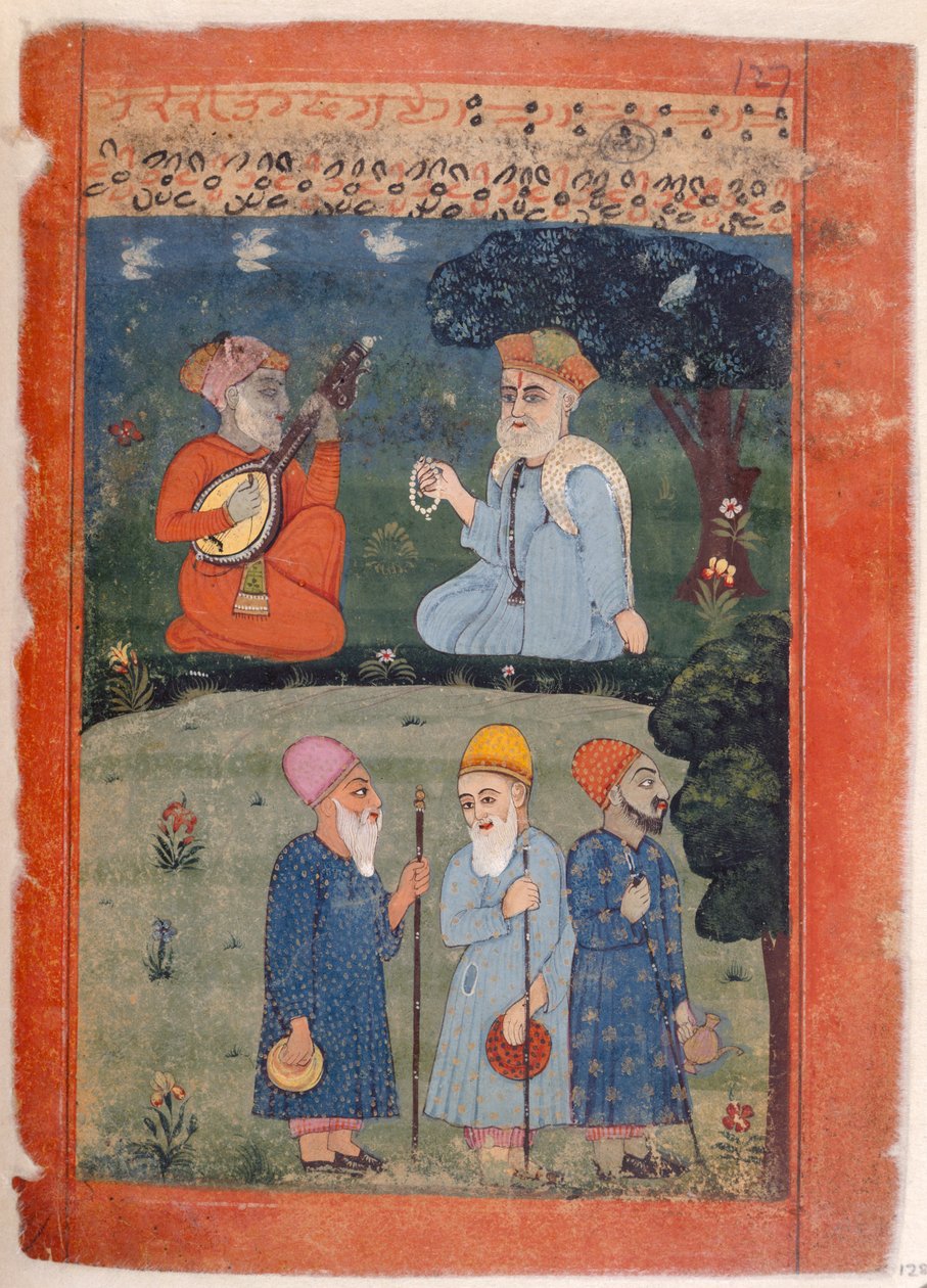 مس بانج. B.40، f.128 Baba Nanak، Mardana and Fakirs ، رسم توضيحي من "سيرة جورو ناناك" بواسطة المدرسة الهندية