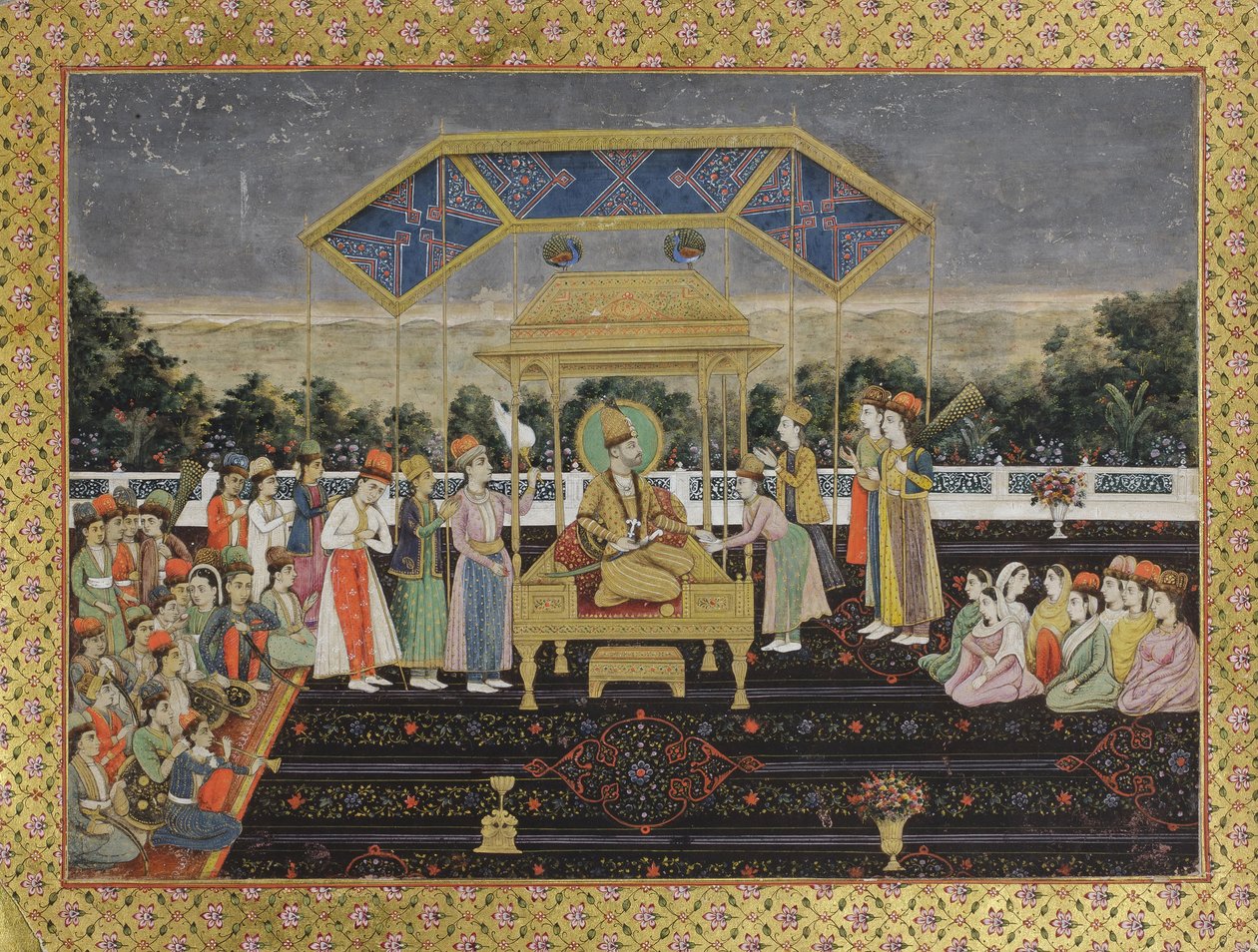 نادر شاه على عرش الطاووس بعد هزيمته لمحمد شاه ، c.1850 (مرحاض غير شفاف على الورق) بواسطة المدرسة الهندية