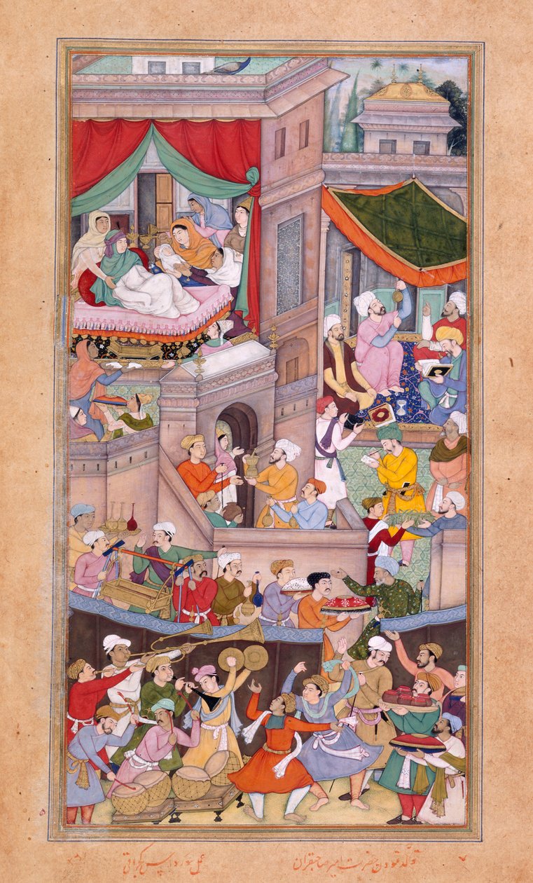 أو. 12988، f.34v المنجمون يلقيون الأبراج خلال الاحتفالات بميلاد تيمور (1336) لسورداس غوجاراتي بواسطة المدرسة الهندية