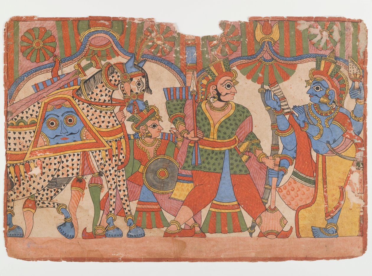 صفحة من سلسلة ماهابهاراتا ، 1830-50 (حبر ولون على ورق) بواسطة المدرسة الهندية