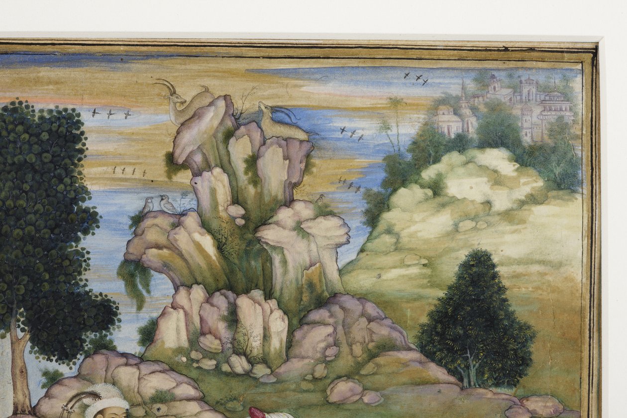 التنزه أثناء الصيد ، التفاصيل ، c.1615 (مرحاض غير شفاف على الورق) بواسطة المدرسة الهندية