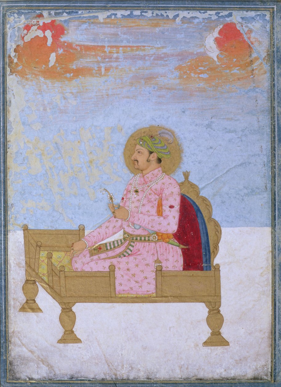 صورة للإمبراطور جهانكير (1569-1627) جالسًا على عرش يحمل سرابيش ، موغال ، c.1720-40 بواسطة المدرسة الهندية